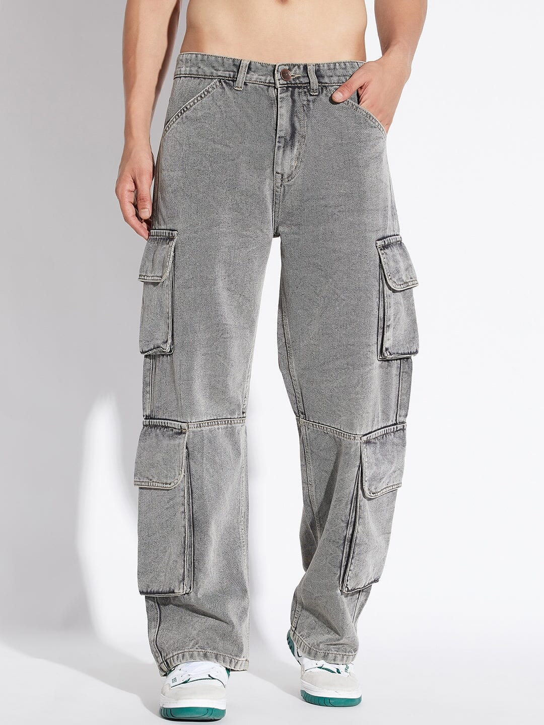 Buy Men Wide Leg 6 Pocket Cargo Denim Jeans[Plus Size] (36, Black) at  Amazon.in